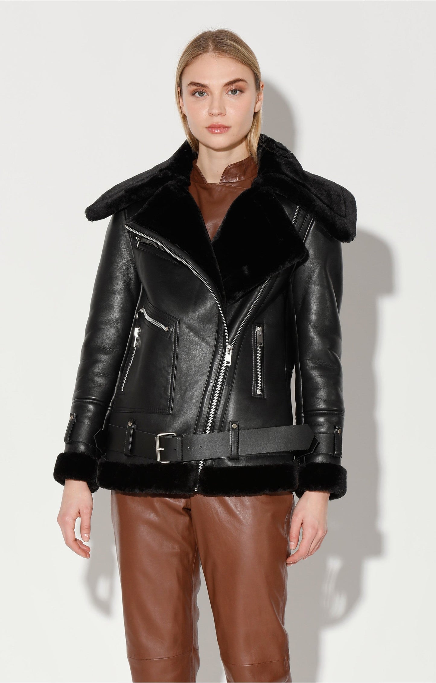 Celine Jacket, Black Leather/ Black Fur by Walter Baker