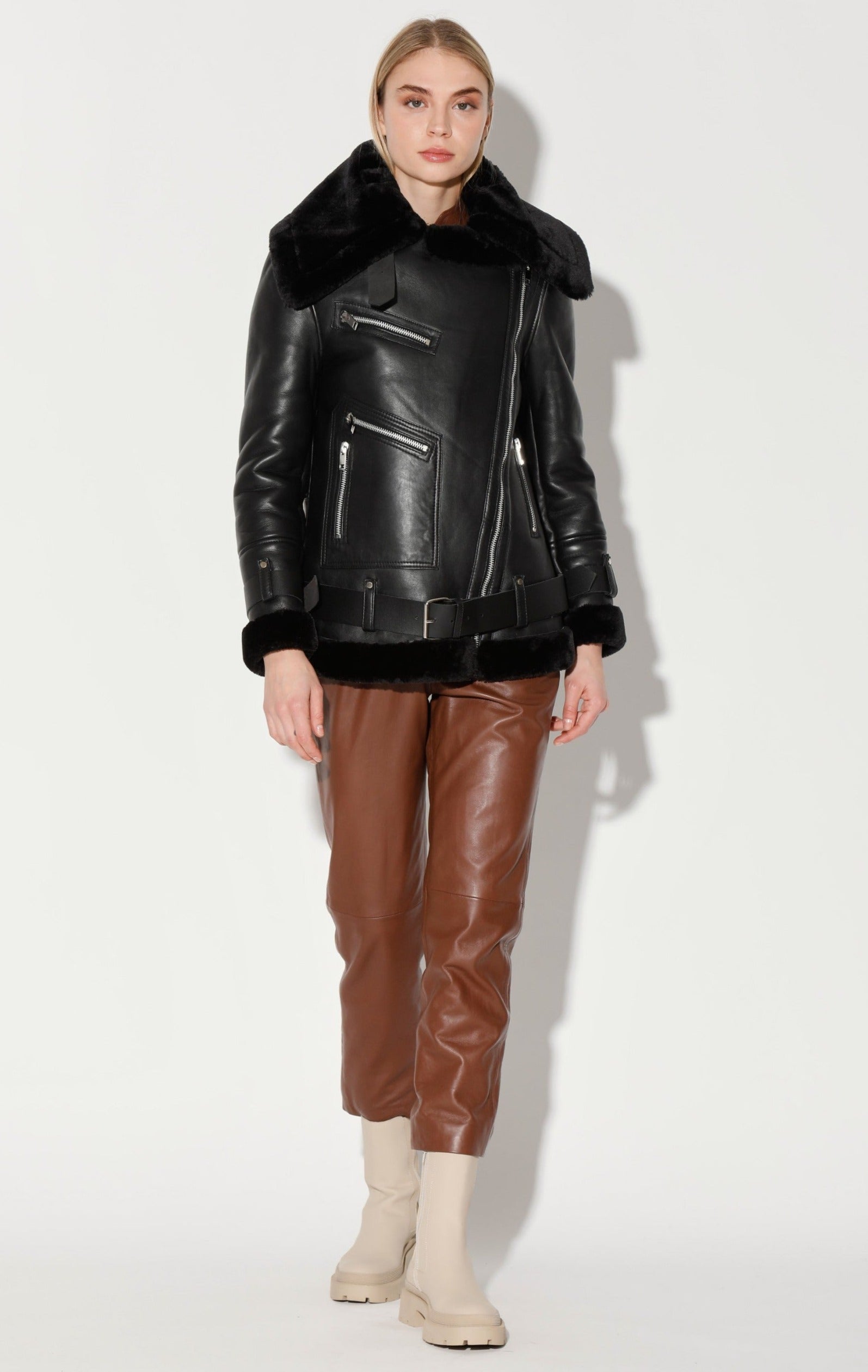 Celine Jacket, Black Leather/ Black Fur by Walter Baker