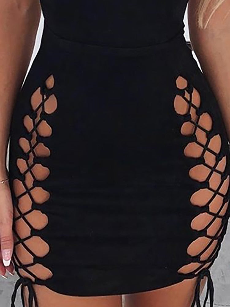 Solid Black Lace-Up Mini Club Dress